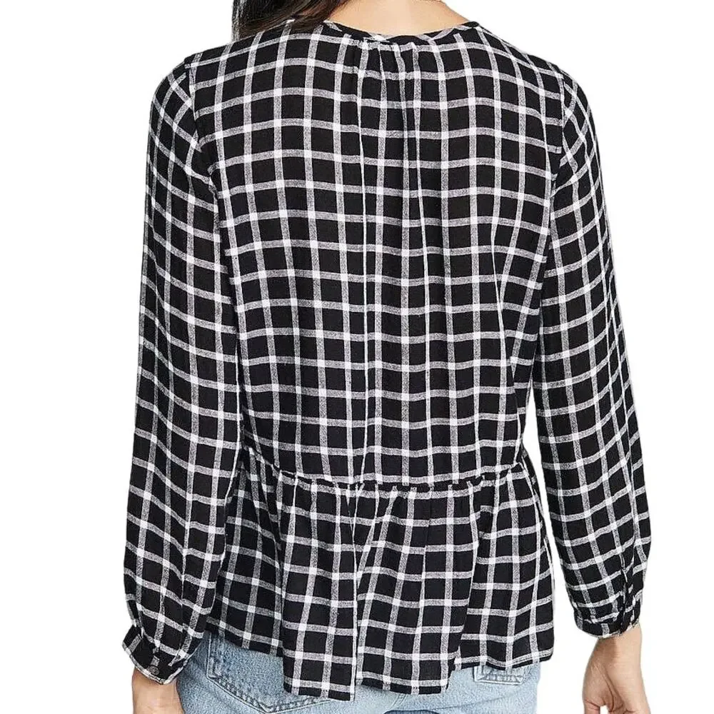 Rails Celeste Onyx Plaid White Check Linen Blouse